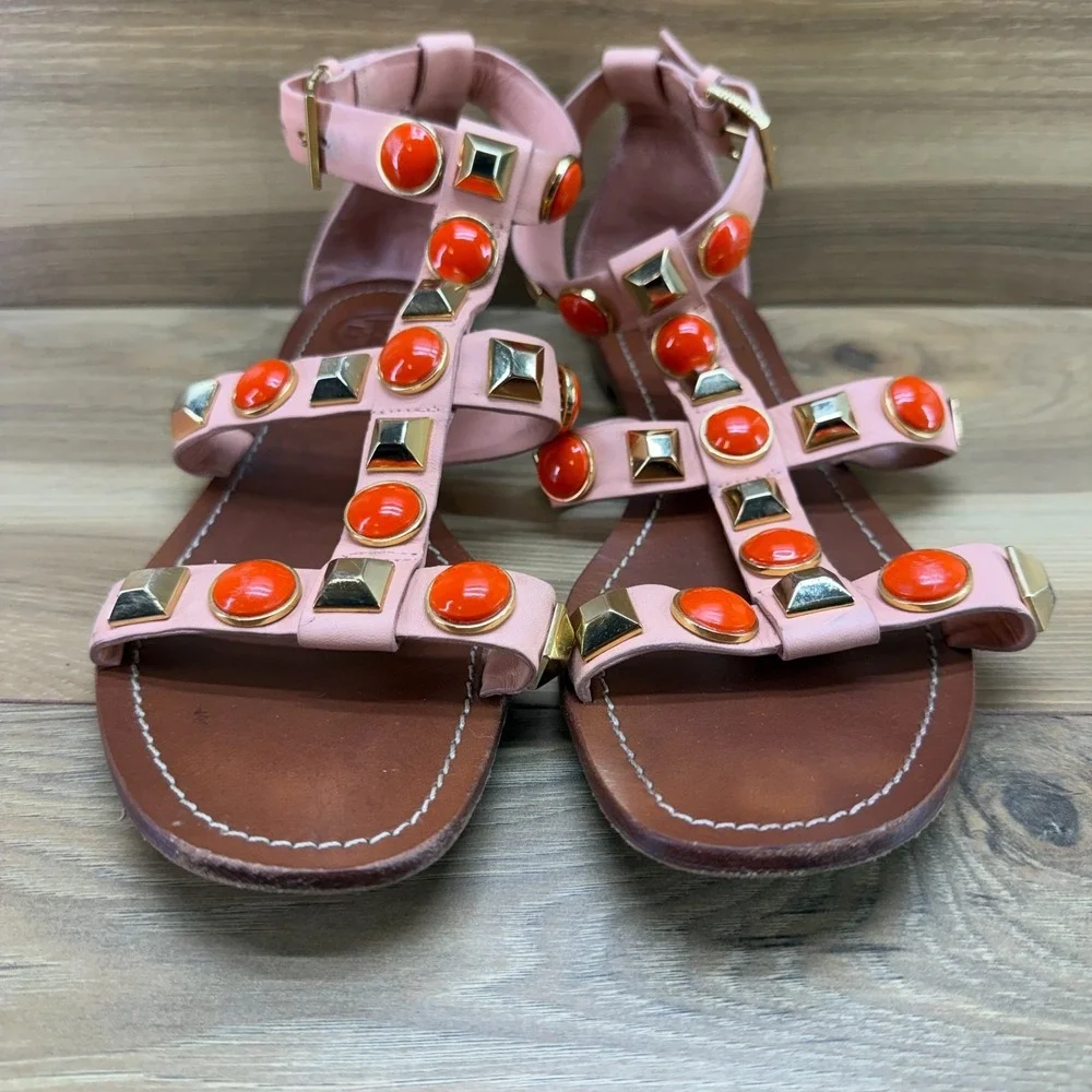 Tory Burch Coral Studded Caged Sandals 9 M Leather Gold Square Toe Ankle Strap